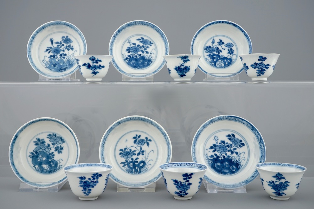A set of six Chinese blue and white cups and saucers, Kangxi